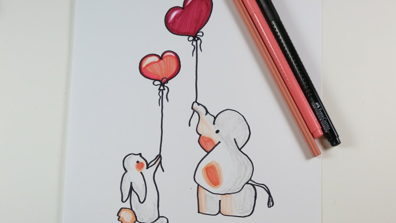 1280x720 Diy Drawing Elephant And Bunny With Heart Balloons, Cute Drawings - Elephant Balloon Drawing