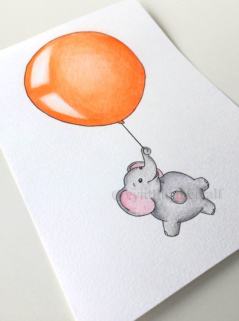 794x1066 Original Balloon Elephant Nursery Art Original Drawing Etsy - Elephant Balloon Drawing