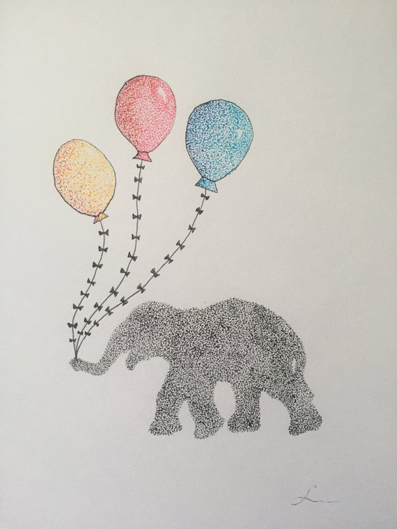 570x760 Original Elephant And Balloon Drawing Etsy - Elephant Balloon Drawing