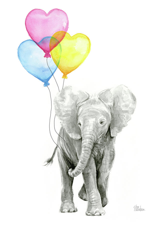 642x900 Watercolor Elephant With Heart Shaped Balloons Painting - Elephant Balloon Drawing