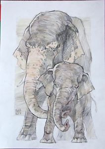 212x300 elephants charcoal sepia mixed media - Elephant Charcoal Drawing