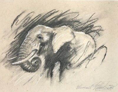 400x311 Original Charcoal Drawing Signed Elephant Art Pastel Animal - Elephant Charcoal Drawing