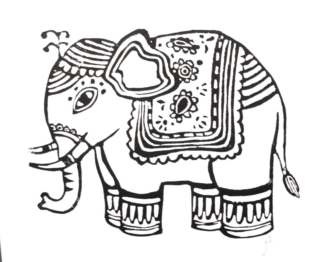 1139x910 Next Stop ! In Blockprint Book Linocut Prints - Elephant Design Drawing