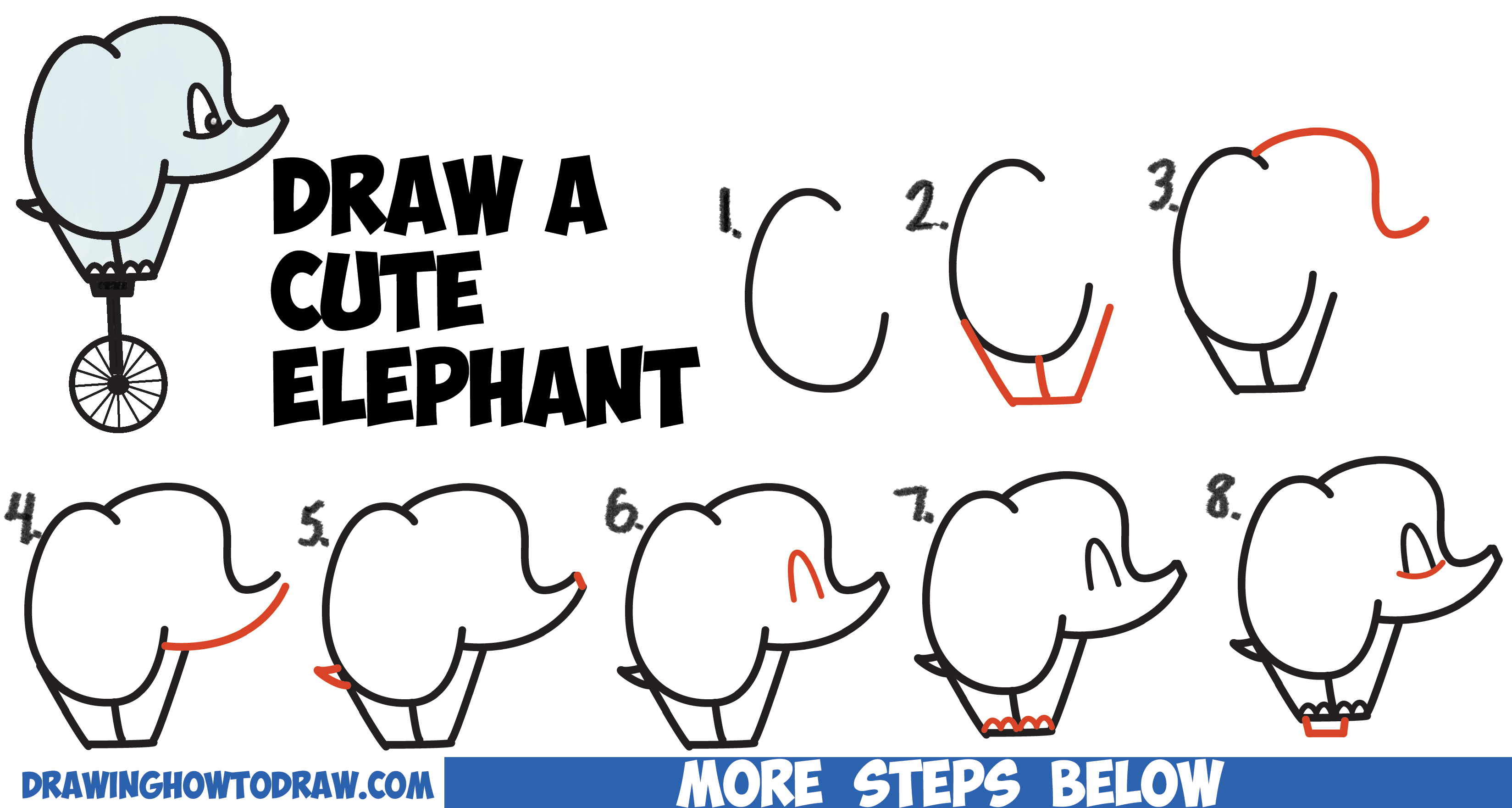 3297x1761 How To Draw A Cute Cartoon Baby Elephant Riding A Unicycle - Elephant Drawing Easy