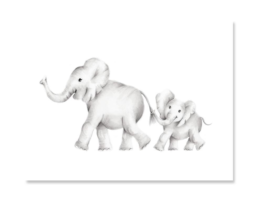 983x775 Elephant Family Pencil Drawing Print - Elephant Drawing Images