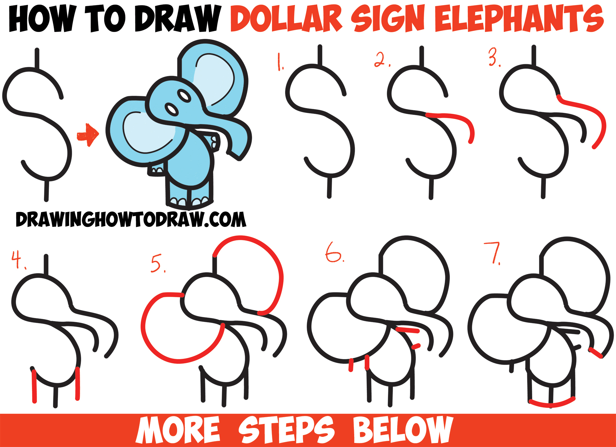2000x1454 How To Draw Cartoon Elephant From The Dollar Sign - Elephant Drawing Simple