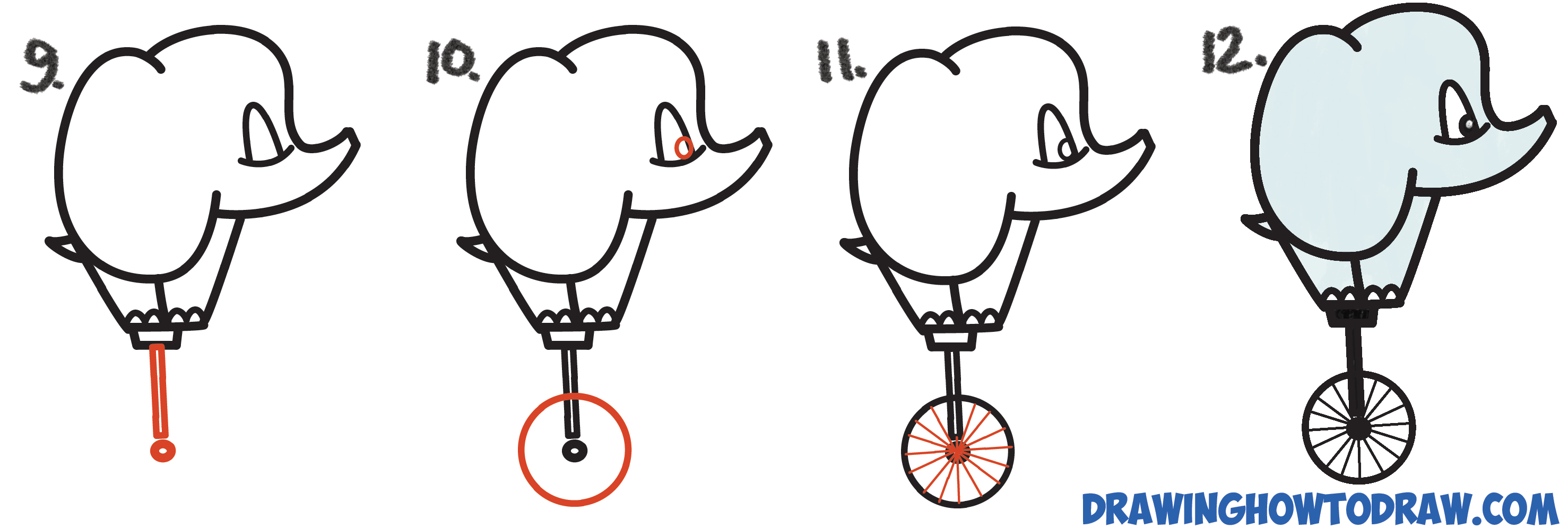 2955x996 How To Draw A Cute Cartoon Baby Elephant Riding A Unicycle - Elephant Drawing Step By Step