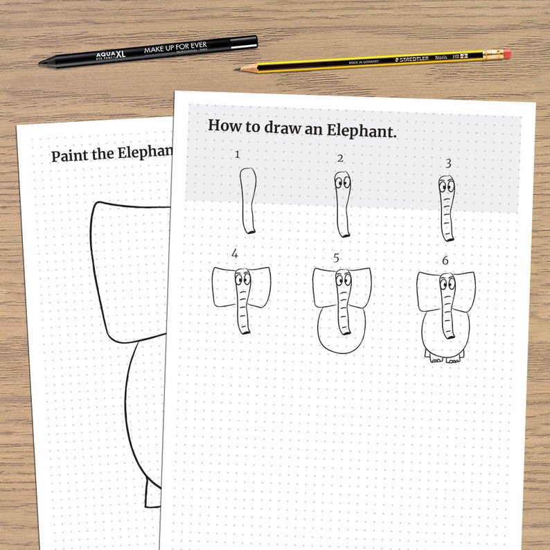 794x794 How To Draw An Elephant Drawing For Kids Printable Pdf Etsy - Elephant Drawing Step By Step