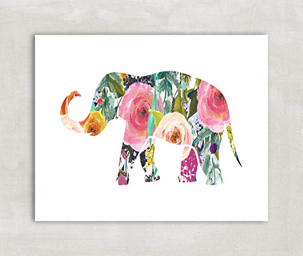 591x500 Elephant Silhouette Wall Art Print, Baby Girl Nursery - Elephant Drawing Trunk Up