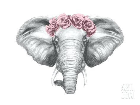 473x355 Elephant Head Drawing Portrait Of With Floral Wreath Hand Drawn - Elephant Drawing With Trunk Up