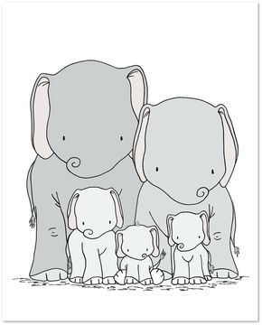 290x360 Elephant Nursery Art - Elephant Family Drawing