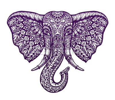 400x347 Hand Drawn Front View Head Elephant With Ornament Vector - Elephant Front View Drawing