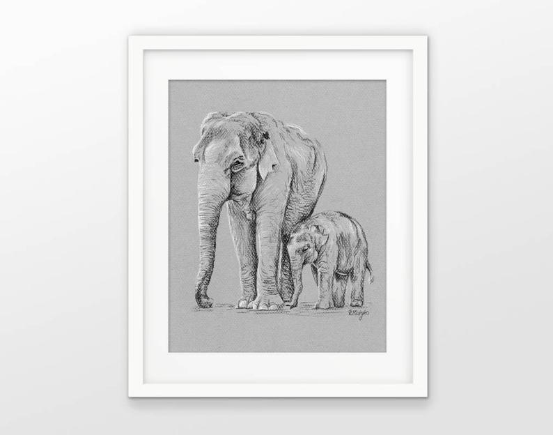 794x624 Indian Elephant Mother And Calf Drawing Elephant Wall Art Etsy - Elephant Indian Drawing