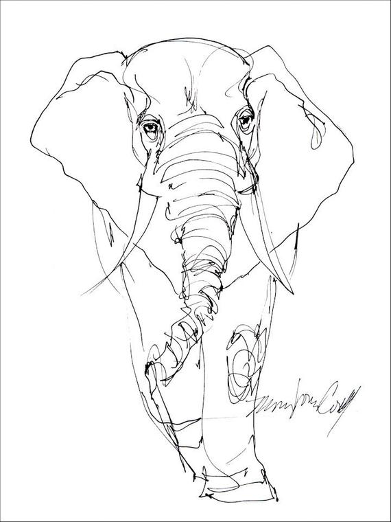 570x760 Elephant Line Drawing Greeting Card From Reproduction Of Etsy - Elephant Line Drawing