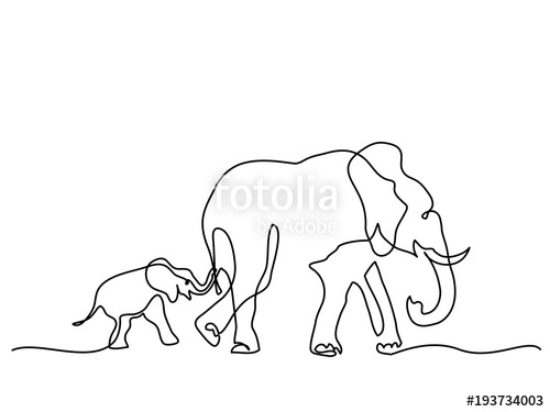 500x375 Continuous Line Drawing Elephant Mom With Baby Walking Symbol - Elephant Line Drawing