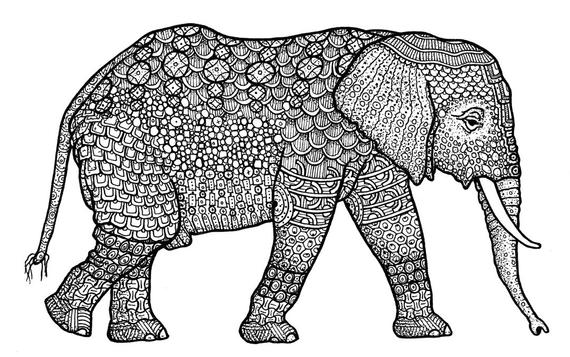 570x357 Elephant Fine Art Print Hand Drawn Elephant Pen And Etsy - Elephant Pattern Drawing