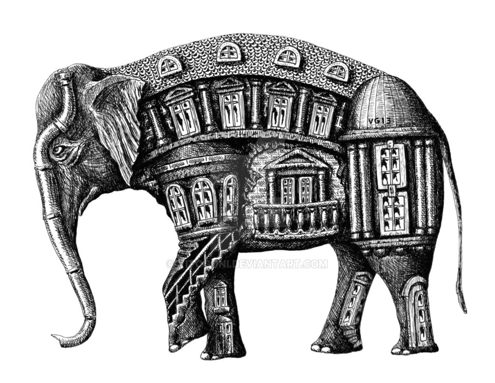 1017x786 Elephant Building Surreal Pen Ink Drawing - Elephant Pen Drawing