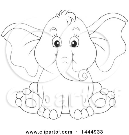 450x470 Clipart Of A Cartoon Black And White Lineart Cute Baby Elephant - Elephant Sitting Drawing