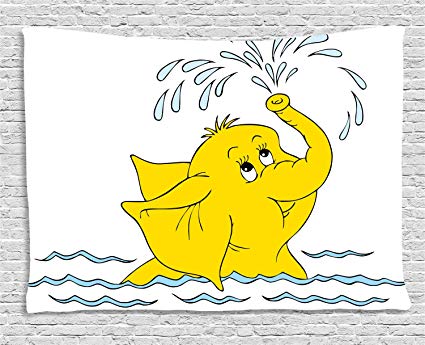 425x345 ambesonne animal tapestry, cute cartoon elephant - Elephant Spraying Water Drawing