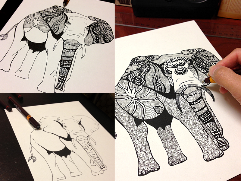 800x600 Tribal Elephant Illustration Process - Elephant Tribal Drawing
