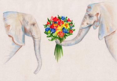 375x261 drawing of two elephants in love with flowers drawn with pencils - Elephants In Love Drawing