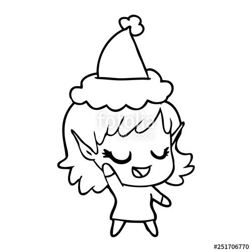 500x500 Happy Line Drawing Of A Elf Girl Wearing Santa Hat Stock Image - Elf Line Drawing