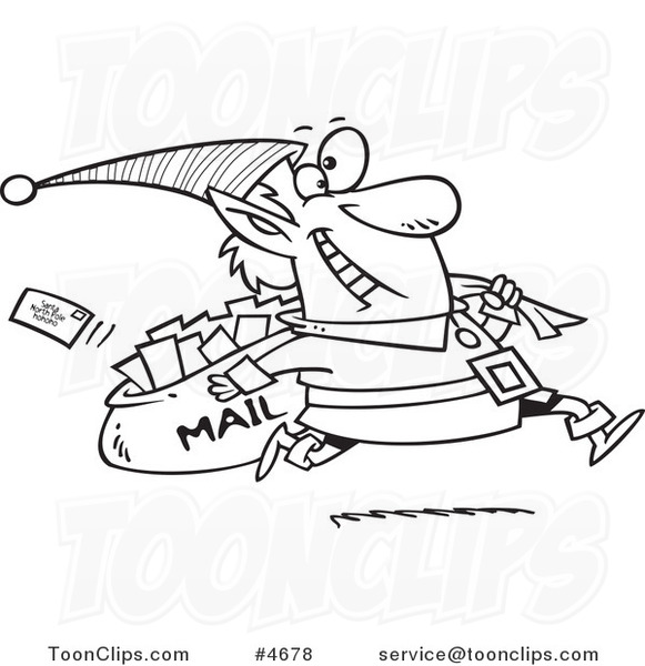 581x600 Cartoon Black And White Line Drawing Of A Christmas Elf Delivering - Elf Line Drawing