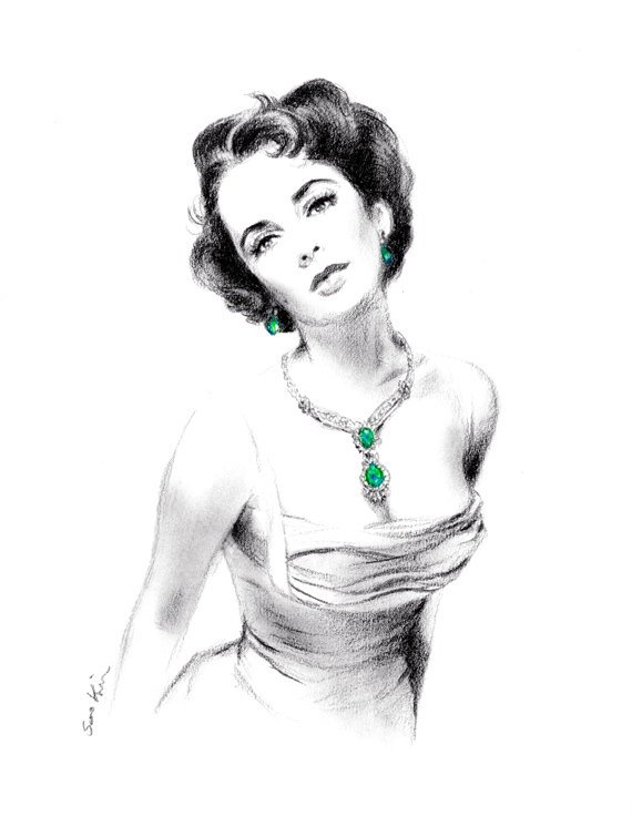 570x736 charcoal pencil drawing elizabeth taylor wearing emerald etsy - Elizabeth Taylor Drawing