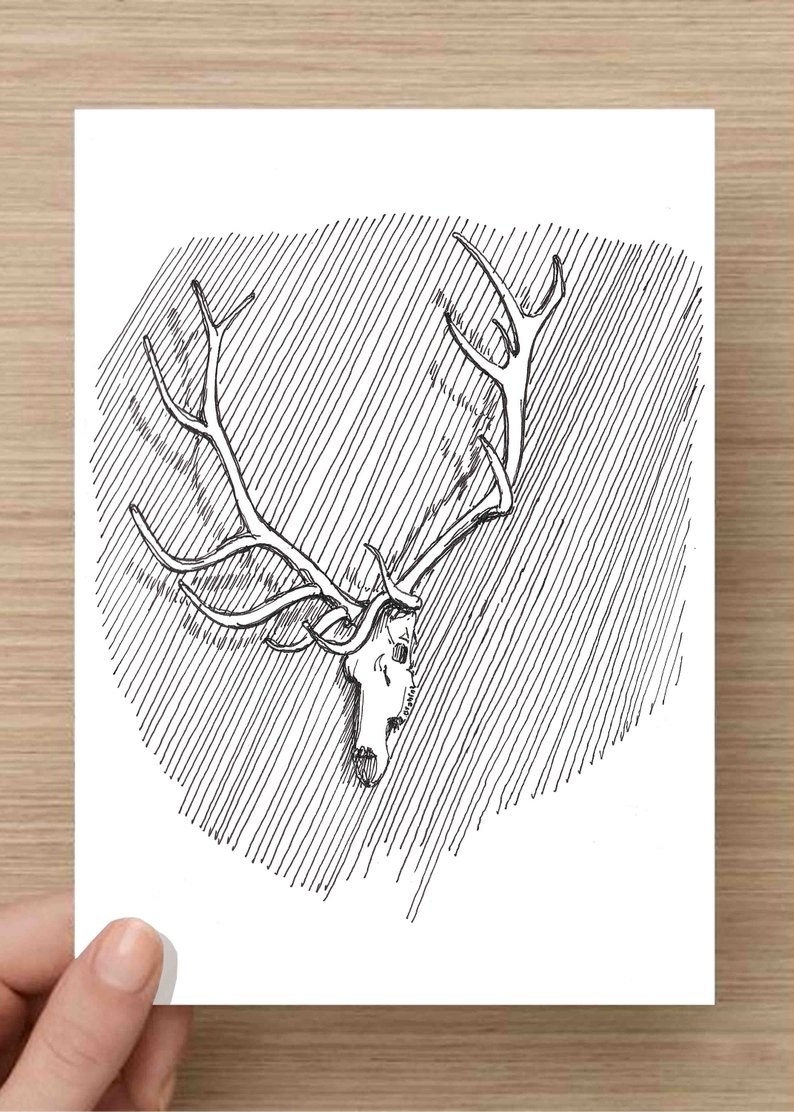 794x1112 Pen And Ink Drawing Of Elk Skull And Antlers Hunting Rack Etsy - Elk Skull Drawing