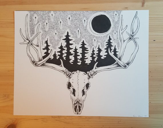 570x450 Skull Forest Elk Skull Digital Art Print Etsy - Elk Skull Drawing
