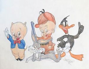 300x234 Signed Virgil Ross Drawing Of Bugs Bunny, Elmer Fudd, Porky Pig - Elmer Fudd Drawing