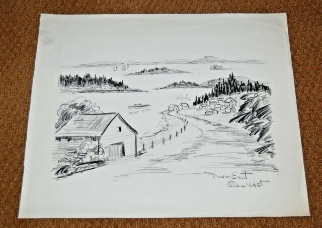 640x454 Vintage Elsa West Original Pencil Drawing Down East Me Maine C - Elsa Pencil Drawing