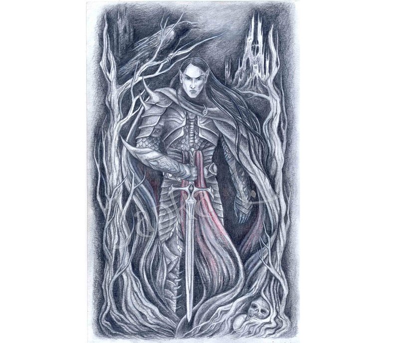 794x688 Dark Elf Original Drawing Elven Art Tree Graphite Pencil Etsy - Elven Drawing
