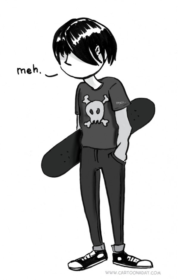 598x941 emo kid skater holding skateboard says meh cartoon - Emo Kid Drawing