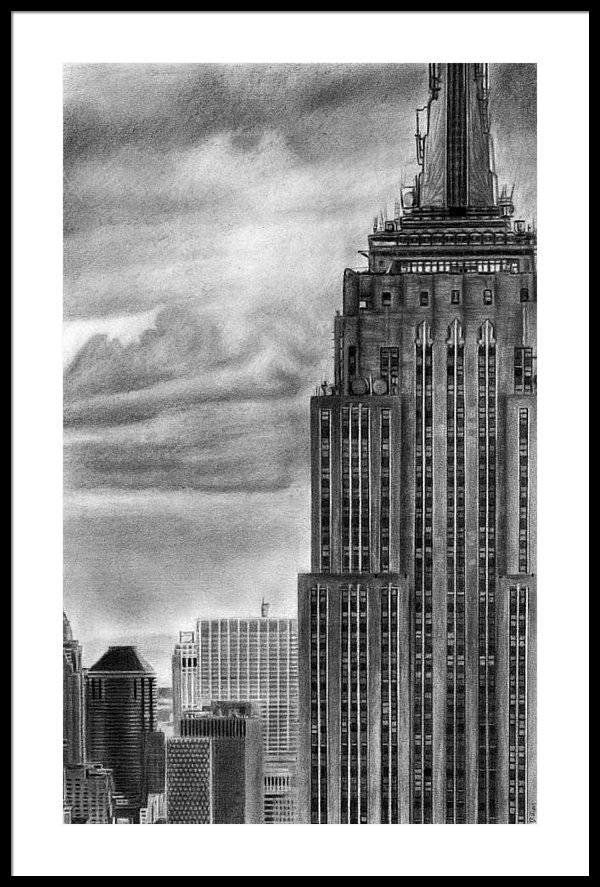 600x887 empire state building new york pencil drawing framed print - Empire State Building Drawing