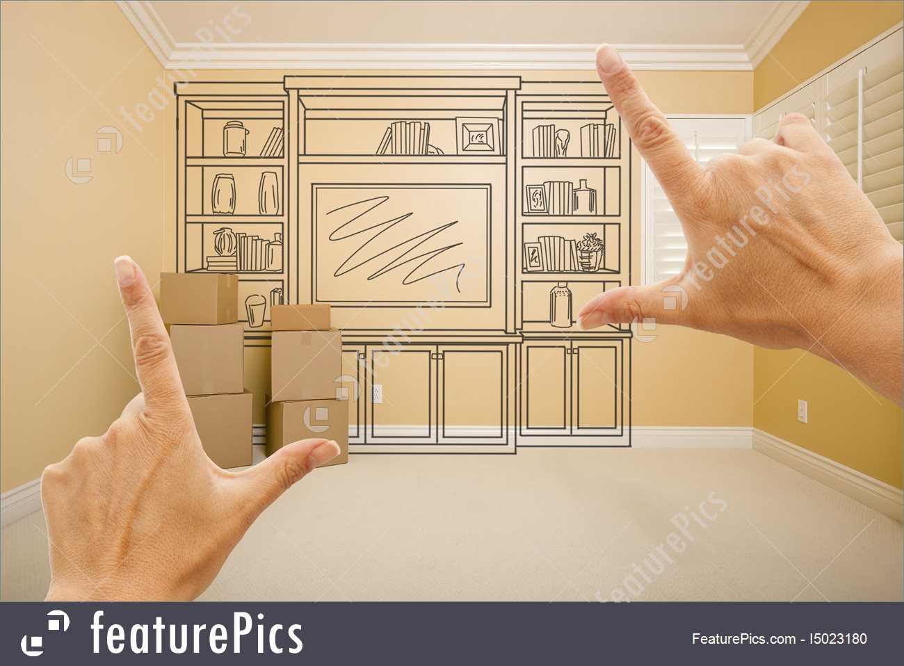 1300x958 hands framing drawing of entertainment unit in empty room image - Empty Room Drawing
