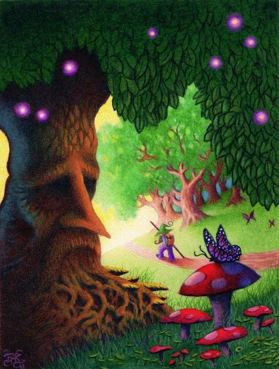 570x753 fantasy art gnome firefly butterfly tree colored pencil drawing - Enchanted Forest Drawing