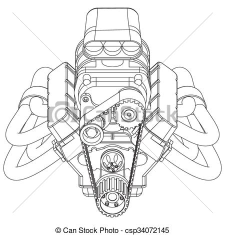 450x470 Schematic Drawing Of Hot Rod Engine Vector Illustration - Engine Drawing