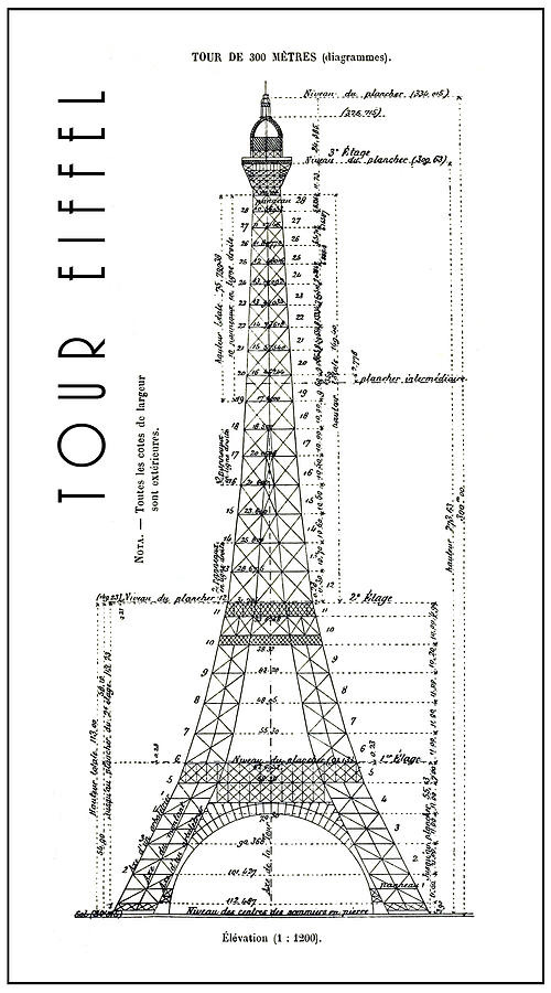 500x900 Eiffel Tower Engineering Drawing Digital Art - Engineering Drawing