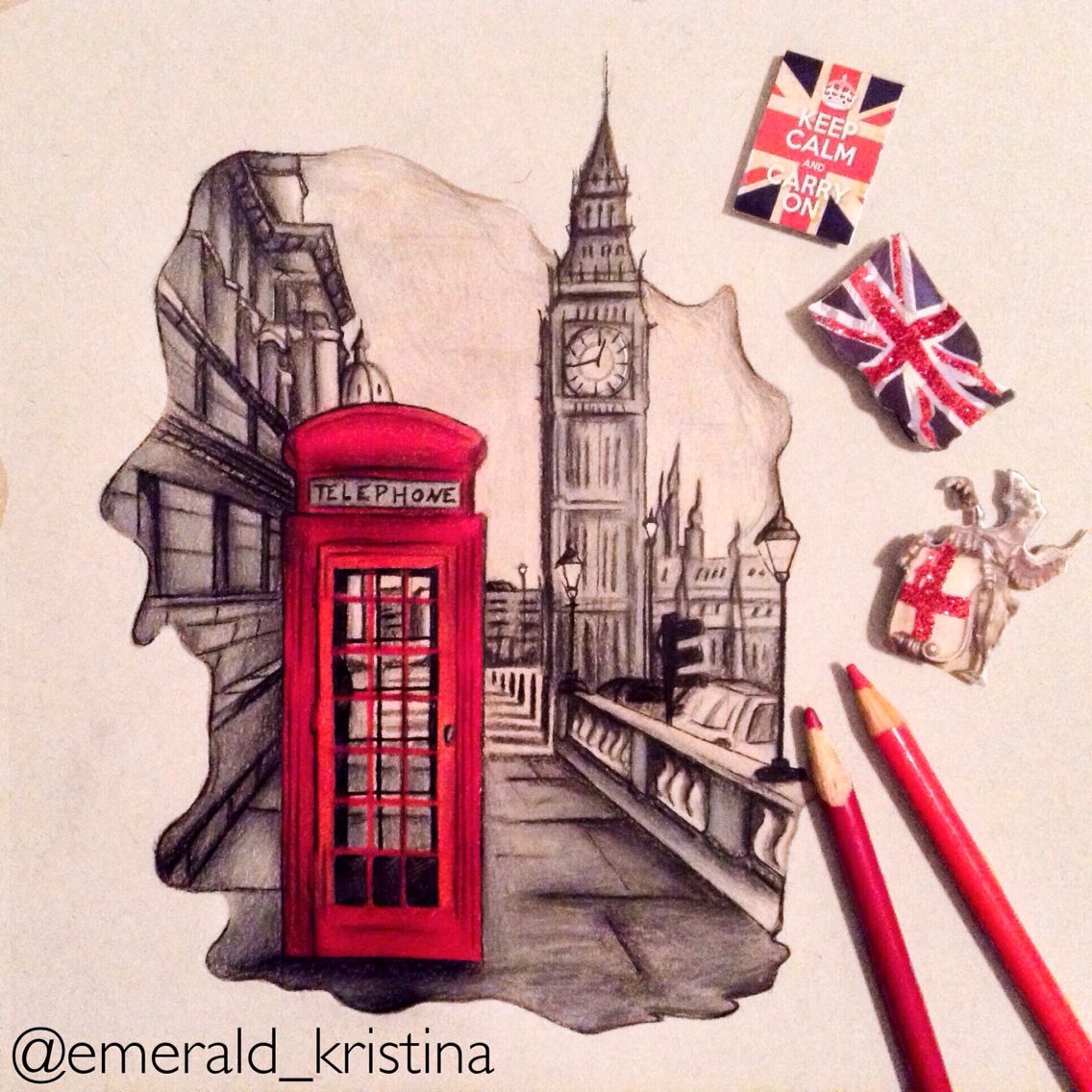 1136x1136 london, england colour pencil drawing on toned tan paper - England Drawing