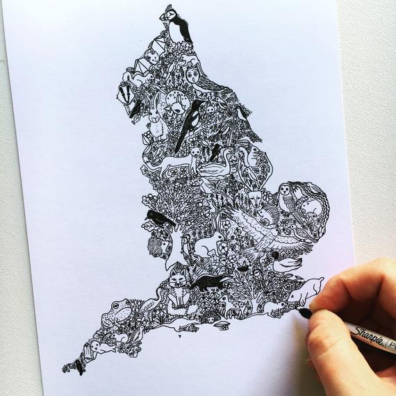 570x570 Illustrated Map Of England Unique Map Illustration Etsy - England Map Drawing