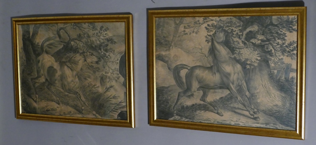 1024x472 Pair Of Equine Drawings, Wild Horses In Nature, Signed De Gueney - Equine Drawings
