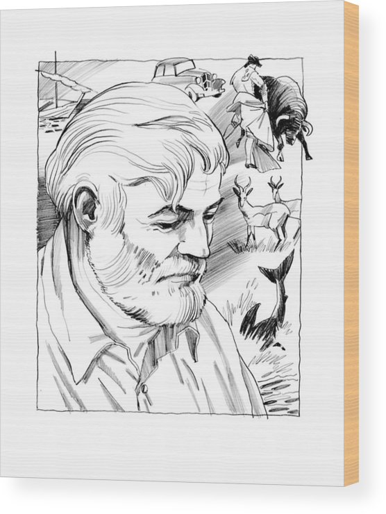 556x740 Ernest Hemingway Portrait Wood Print - Ernest Hemingway Drawing