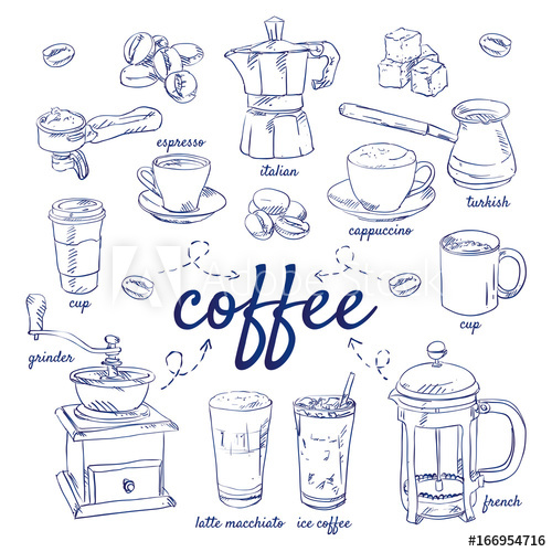 500x500 Doodle Set Of Coffee - Espresso Drawing
