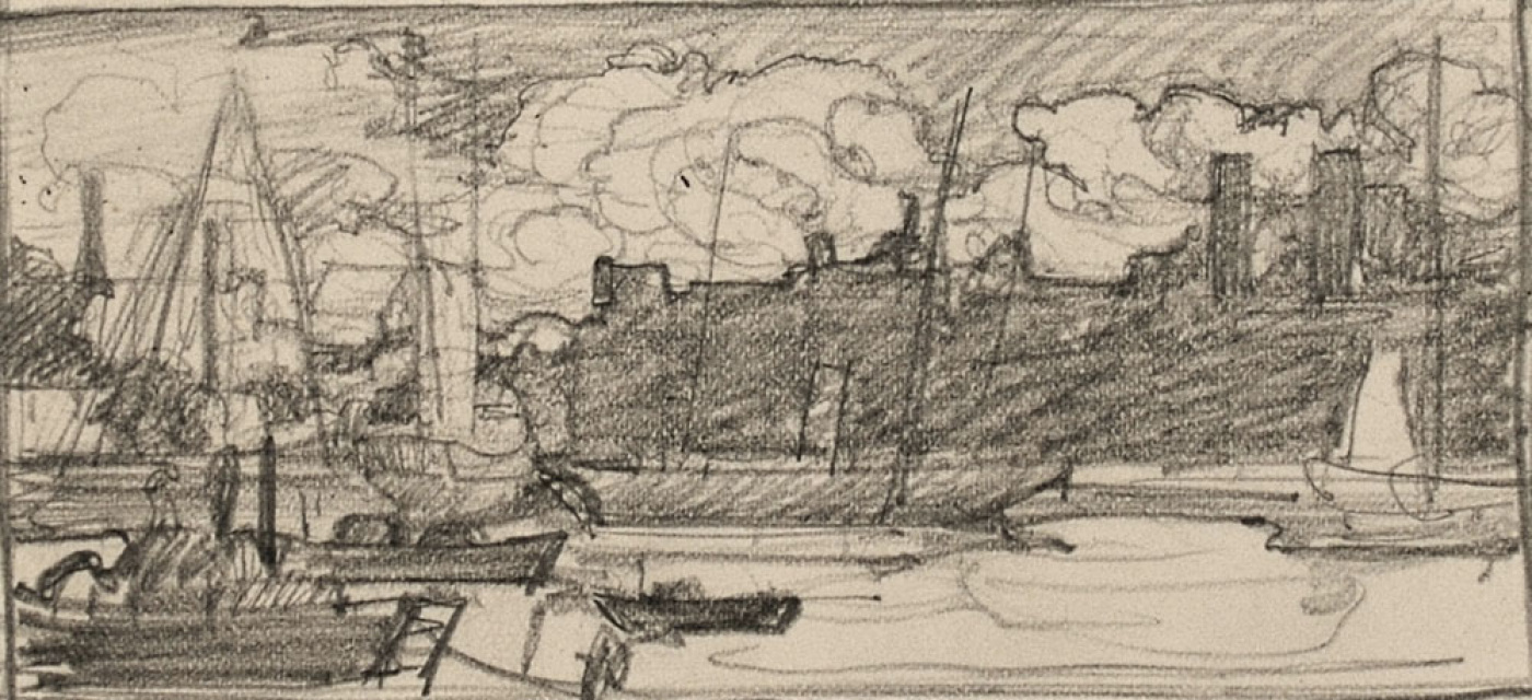 1400x640 Original Arthur Heslop Drawing For Sale, Boats In An Estuary - Estuary Drawing