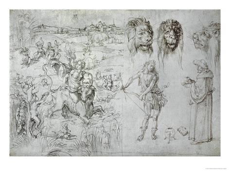 473x355 rape of europa, lion's heads, archer, sage, skull, drawing giclee - Europa Drawing