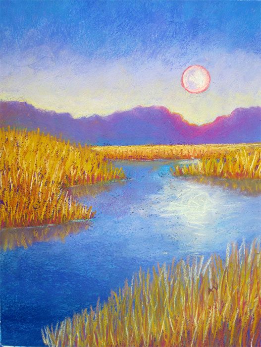 527x700 Summer Evening Moonrise Original Pastel Drawing Cool Art - Evening Drawing