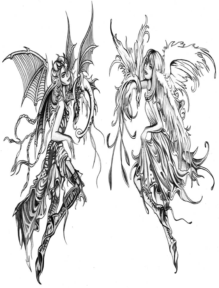 734x966 Evil And Angel Girls Tattoo Design - Evil Angel Drawing