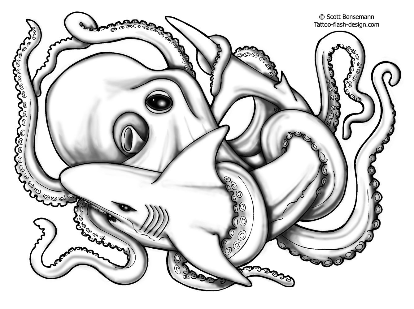 1337x999 Evil Octopus Drawing Tattoo Shark Octopus Flash Designs Tattoo - Evil Octopus Drawing