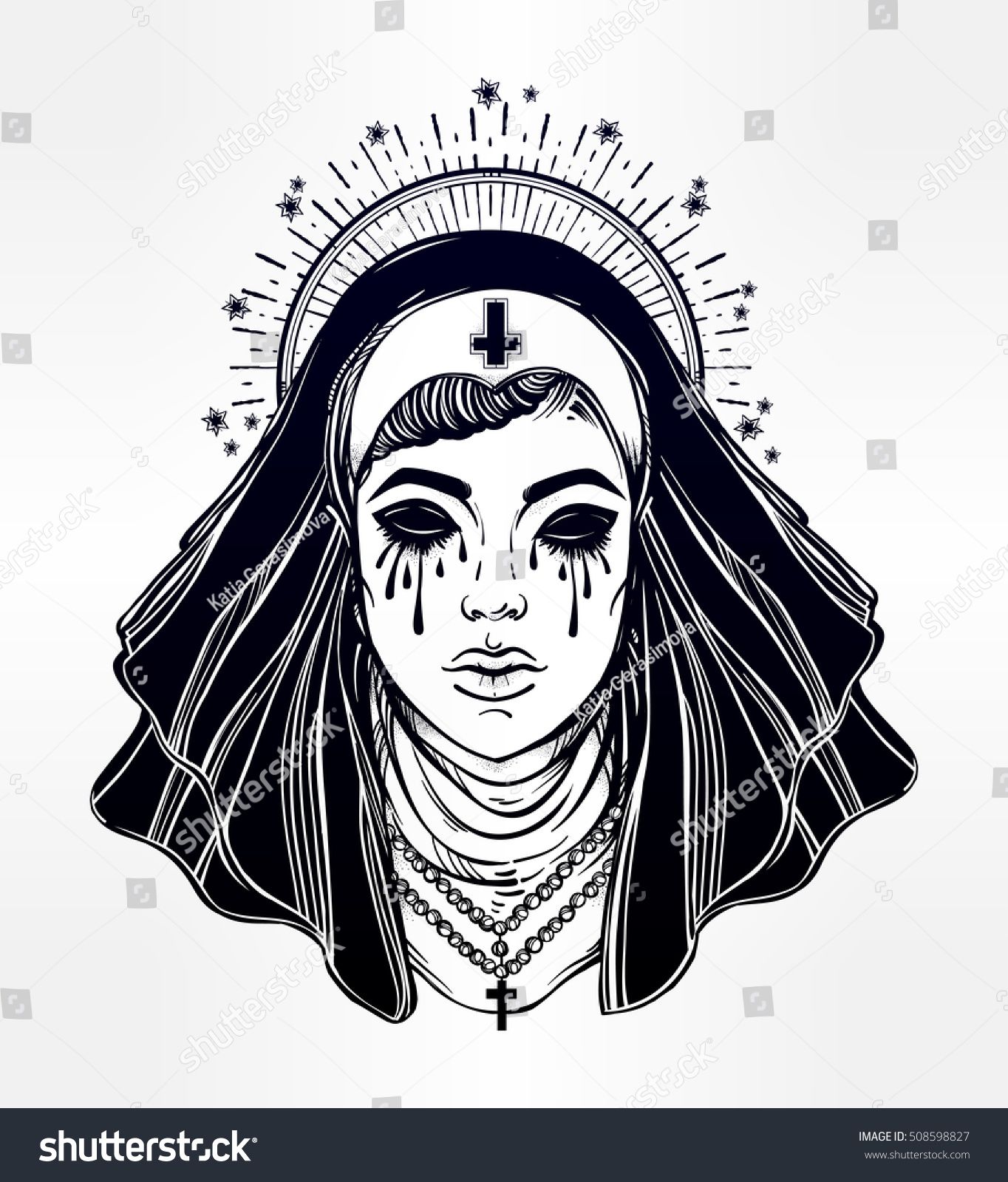 1364x1600 Artwork Of A Creepy Catholic Nun With No Eyes Filled With Tears - Evil Witch Drawing